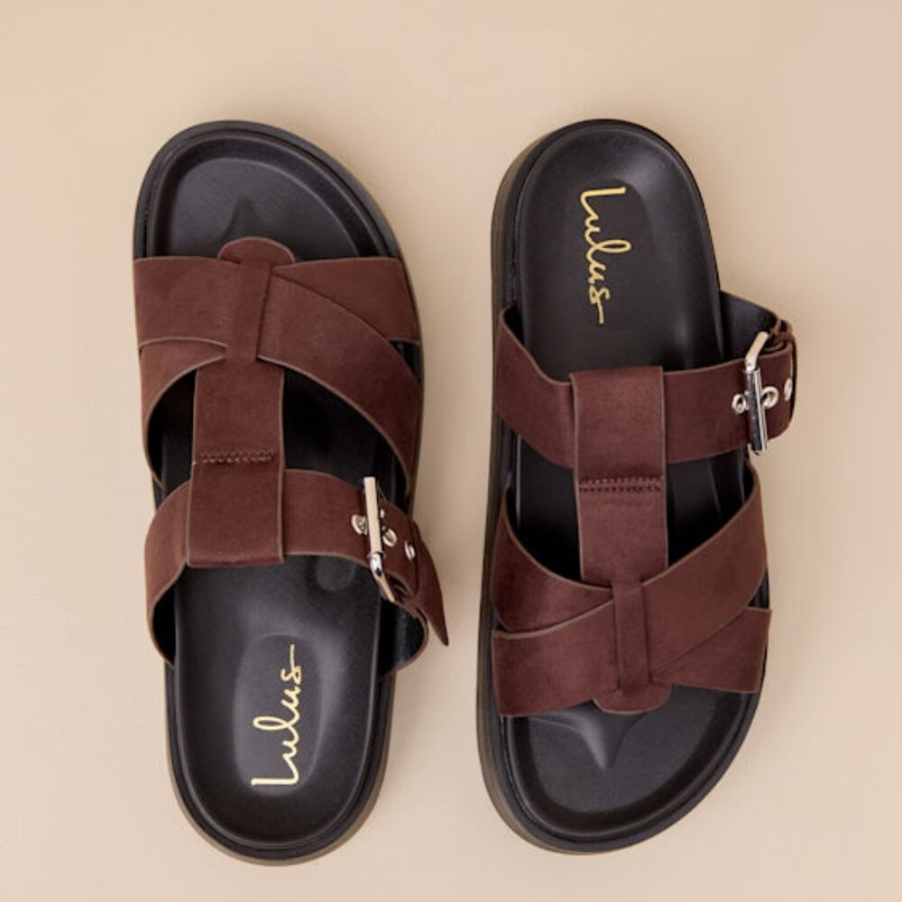 Lulus Surie Chocolate Brown Suede Strappy Flatform Slide Sandals/NIB/Size 8 - Picture 1 of 15